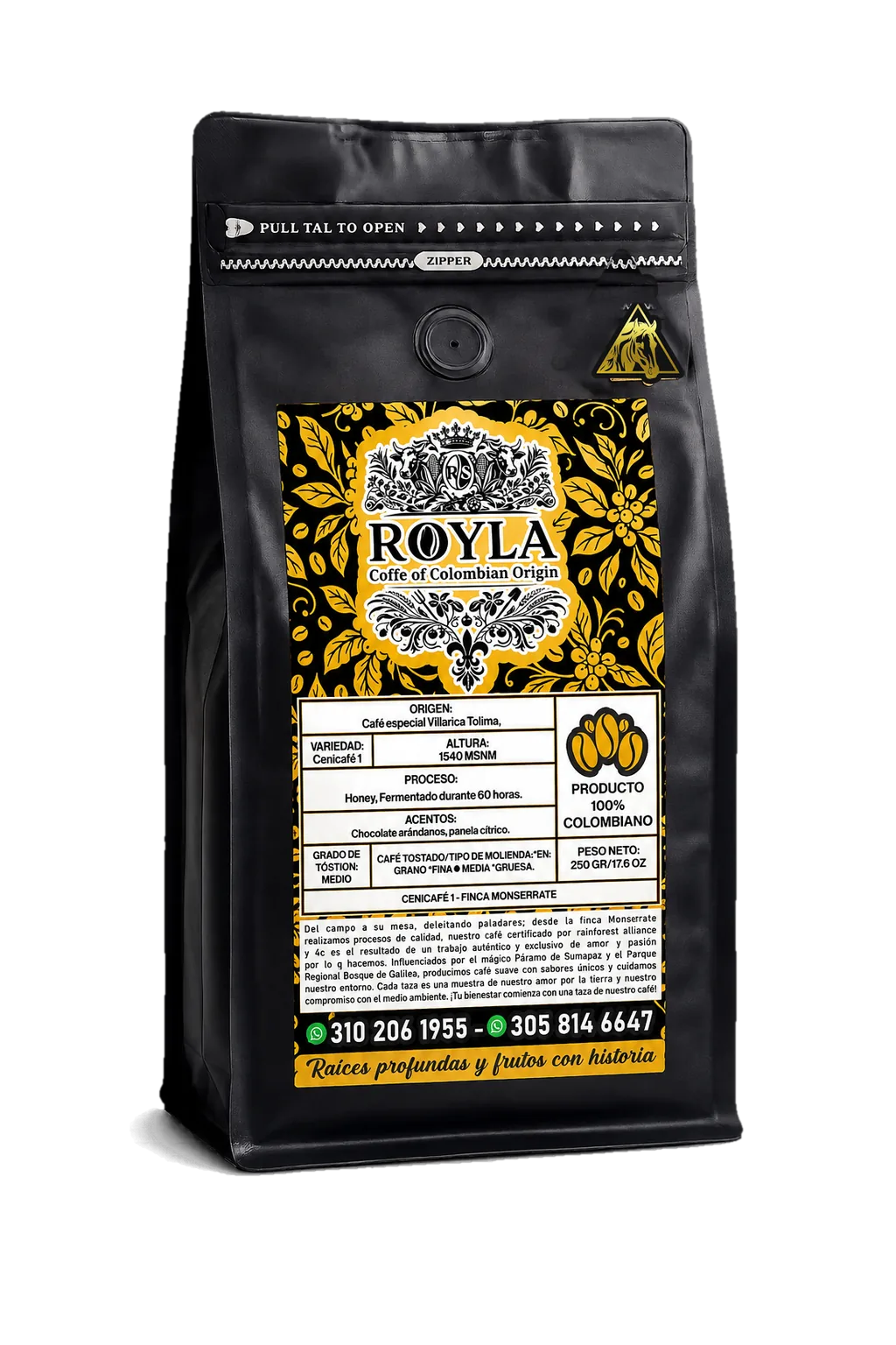 Paquete de café ROYLA de 250 gramos