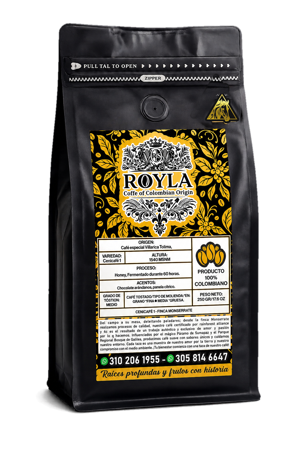 Paquete de café ROYLA, 250 gramos