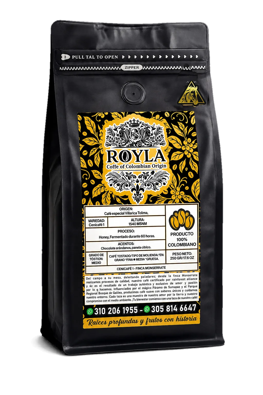Paquete de café ROYLA, 250 gramos